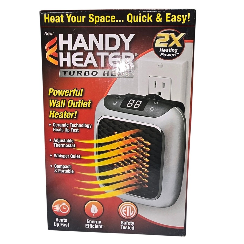 Handy Heater Turbo Heat 800W Wall Outlet Ceramic Space Heater Adjustable Timer